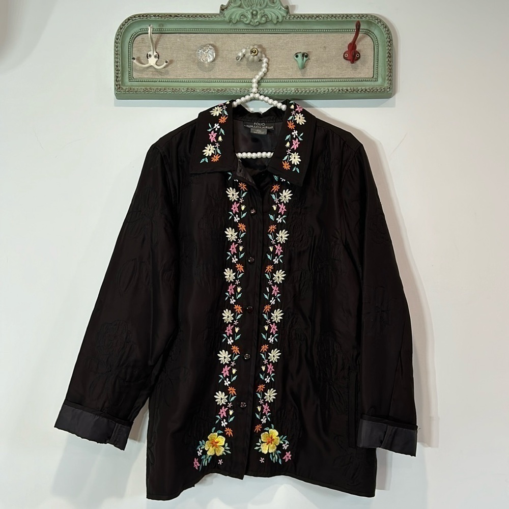 Saks Fifth Avenue Silk Alpine Boho Folk Embroidered Long Jacket Coat black XL